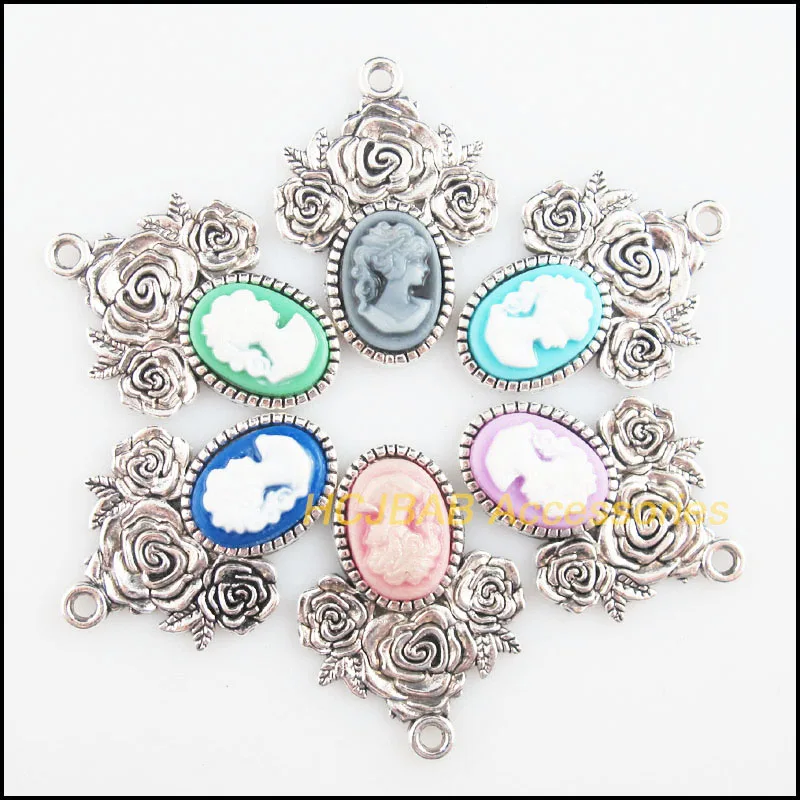 

6Pcs Tibetan Silver Plated Retro Oval Beauty Mixed Resin Charms Pendants 23x32mm