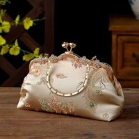 2022 retro ethnic style femme embroidered handbags with metal handle wedding party evening bag women chain clutches shoulder bag