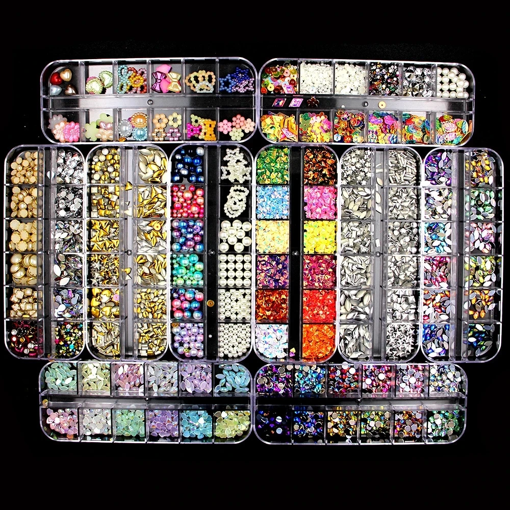 

12 Grids Nail Art Accessories Kits AB/ Clear Rhinestones 3D Glitter Gems Stones Pearls DIY Manicure Decorations for Nails Design