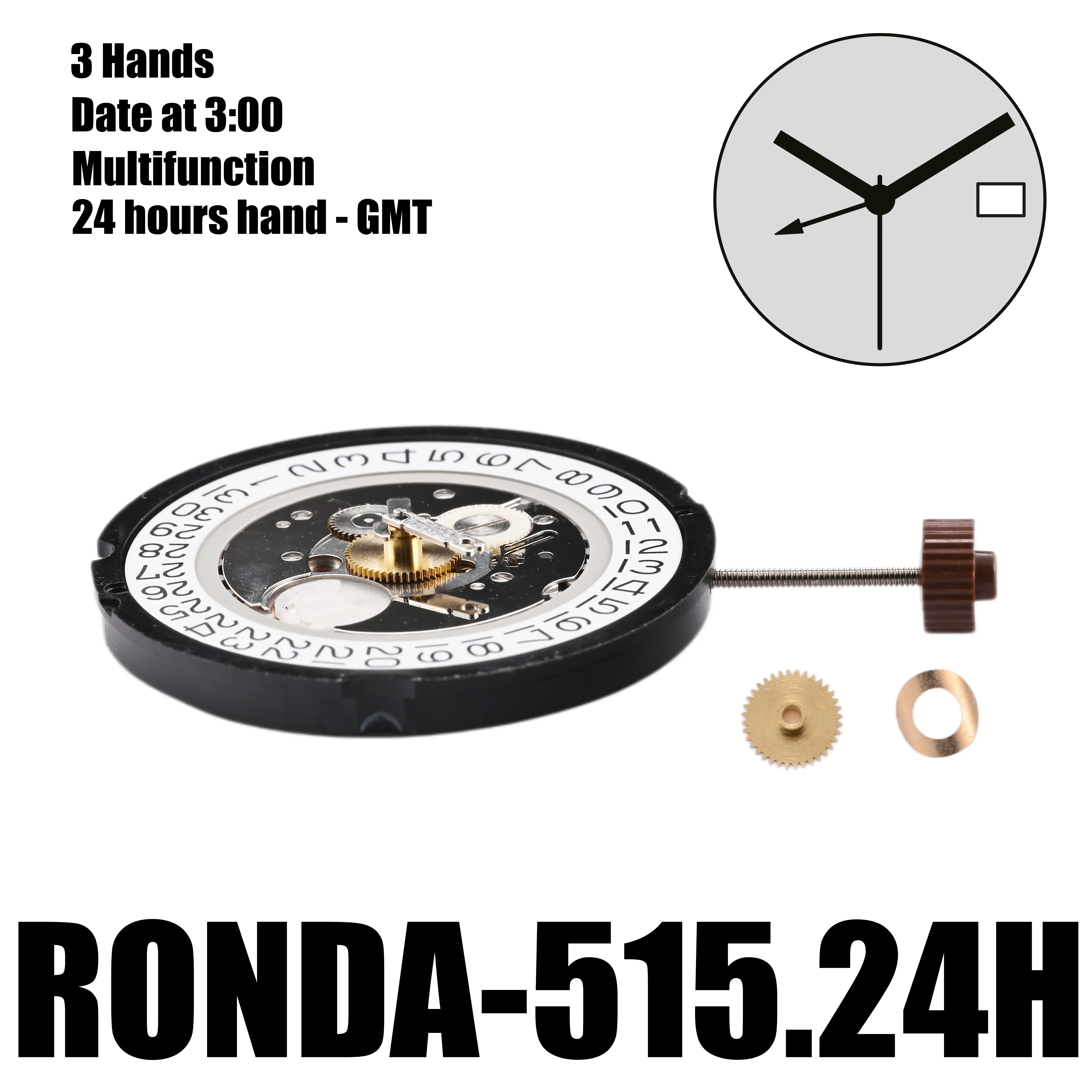 Кварцевые часы Ronda 515 24 H GMT часовой механизм 515H One Jewel функциональный Datewheel сменный
