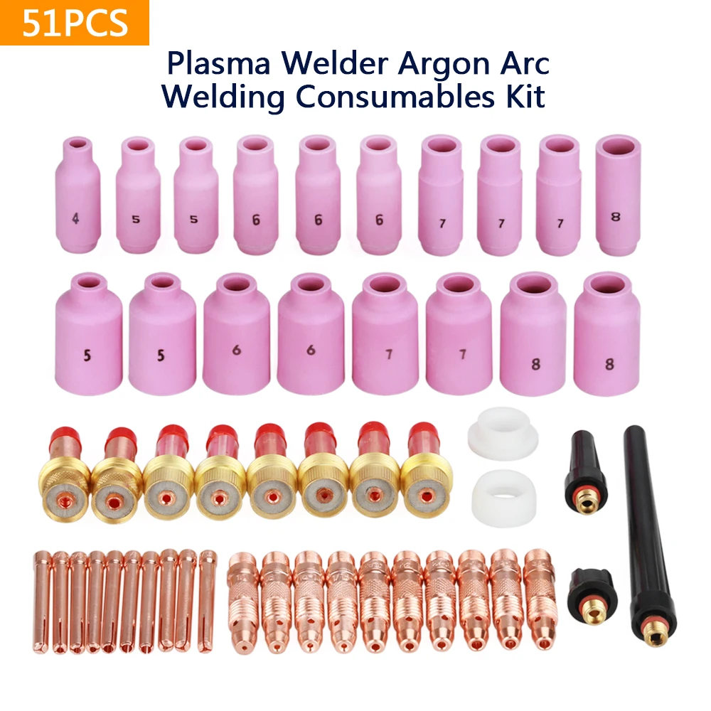 51Pcs Plasma Welder Argon Arc Welding Consumables Kit Collets Body Gas Lens for WP17/18/26 TIG Torch