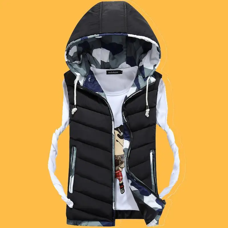 

Men's Reversible Vest Simple Hooded Sleeveless Jackets Stylish Camouflage Double Side Windproof Warm Waistcoat Men Clothing E180
