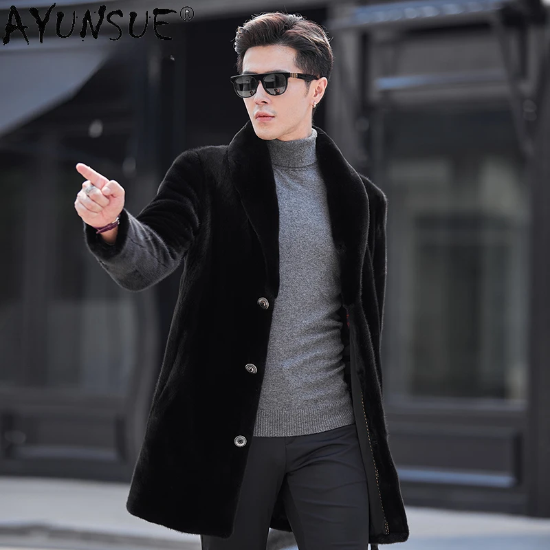 

AYUNSUE шуба из натурального меха, мужские Роскошные зимние шубы 2023, средней длины из натурального меха норки, Повседневная однобортная норковая шуба с V-образным вырезом