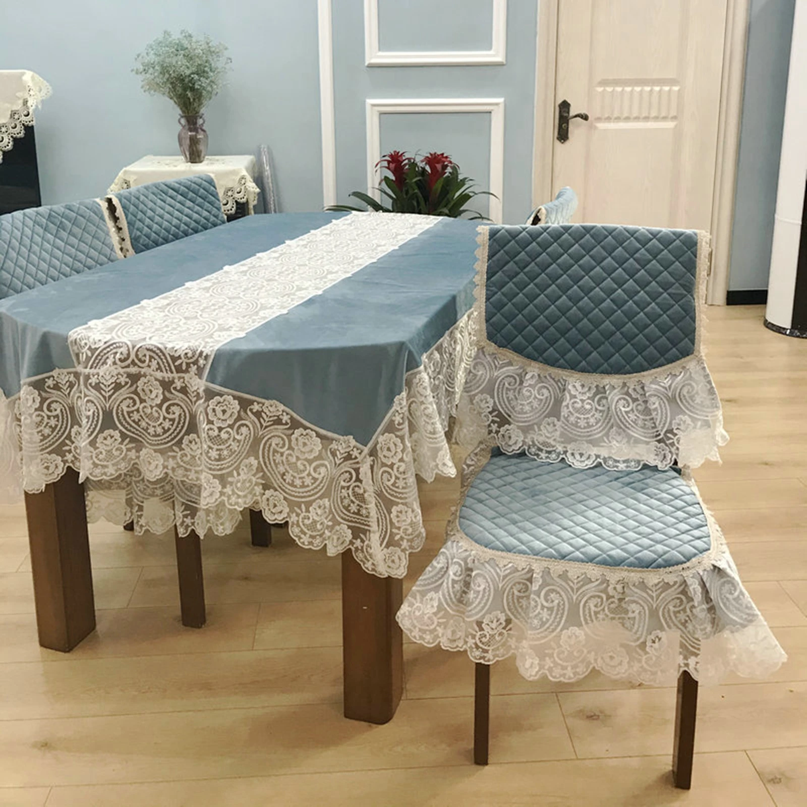 

Скатерти из полиэстера, водонепроницаемые скатерти для стола, кружевной синий обеденный стол, кофейный столик