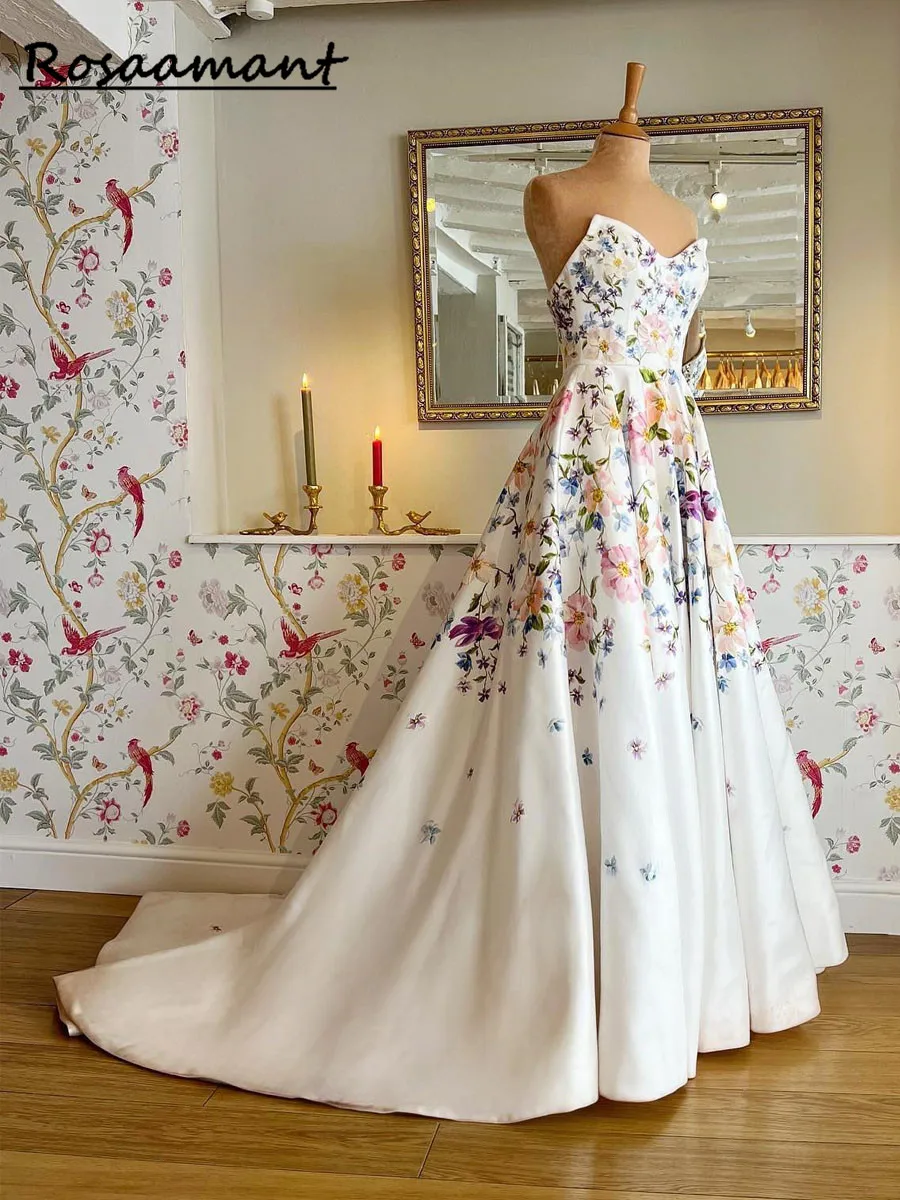 

2023 Sweetheart Print Flower Wedding Dress Bridal Gowns For Bride Princess Robe De Mariée Beach Sweep Train For Women
