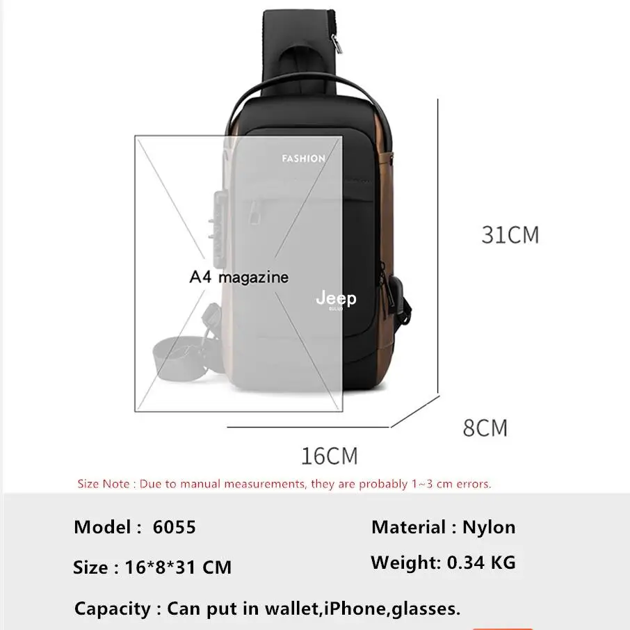 JEEP BULUO Brand High Quality Men USB Crossbody Shoulder Bags Chest Sling Safety Lock Male Anti-theft Fashion Travel Pack