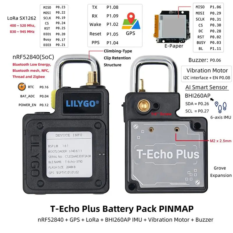 Беспроводной модуль LILYGO T-Echo Plus NRF52840 SX1262 Lora L76K с BHI260AP, 1.54-дюймовым E-Paper дисплеем, GPS, GNSS, Beidou, QZSS, 433 МГц (art.: 3920dbc3dbb1a) - 3920dbc3dbb1a