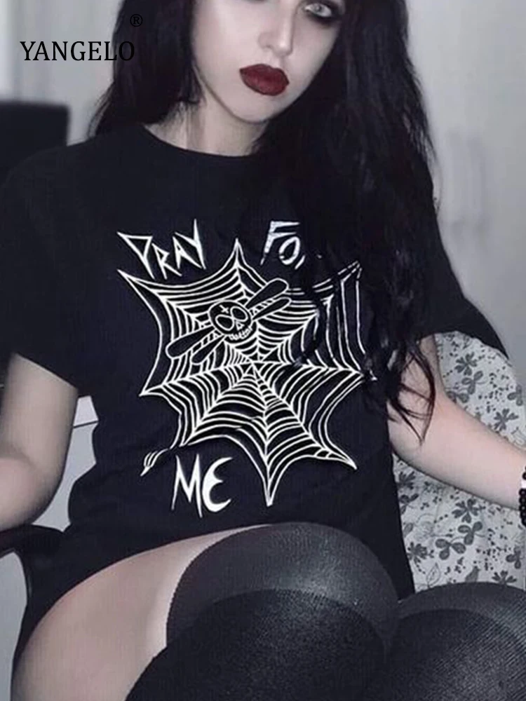 

Yangelo Halloween Cobweb Print Black T Shirt Goth O Neck Short Sleeve Sexy Tops Fairy Grunge Punk Loose Summer Graphic T-shirt