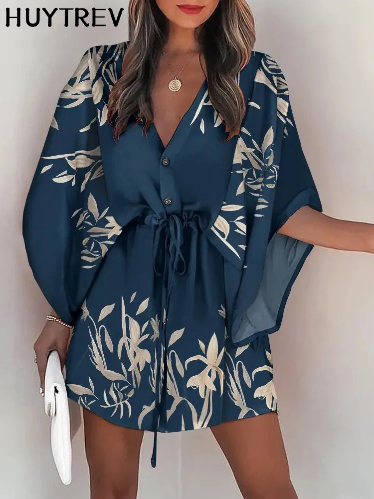 Casual Boho Beach Vacation Mini Dress Women Summer Print Lace Up Button Batwing Sleeve Dresses For Women's Loose  Female Robe