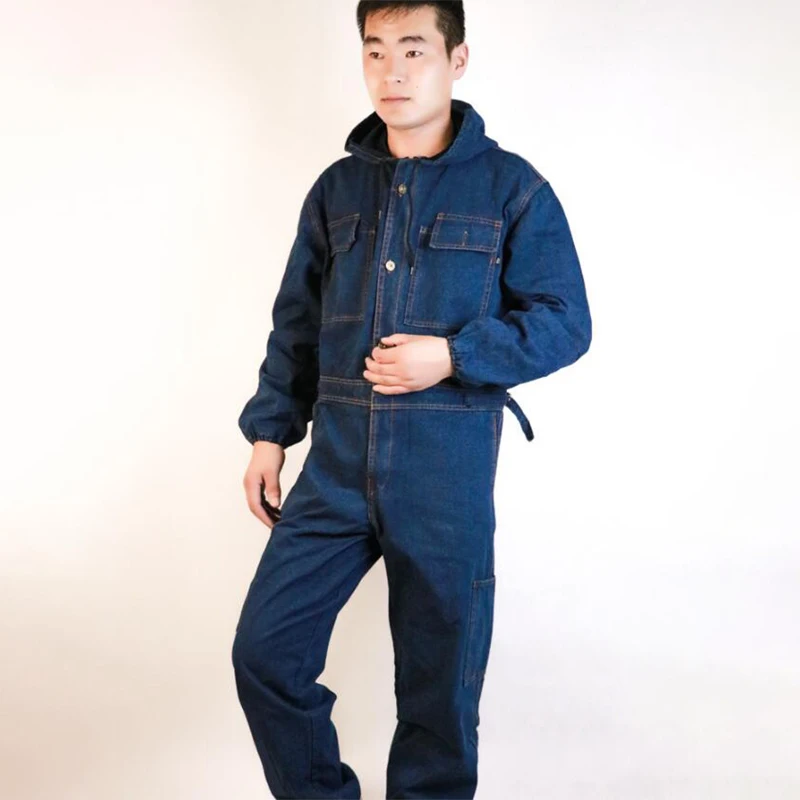 Unisex One-piece Overalls Denim Thicken Jeans Jumpsuit   Hooded Dust-proof Anti-fouling Overall Work Wear Cargo Pants S-4XL
