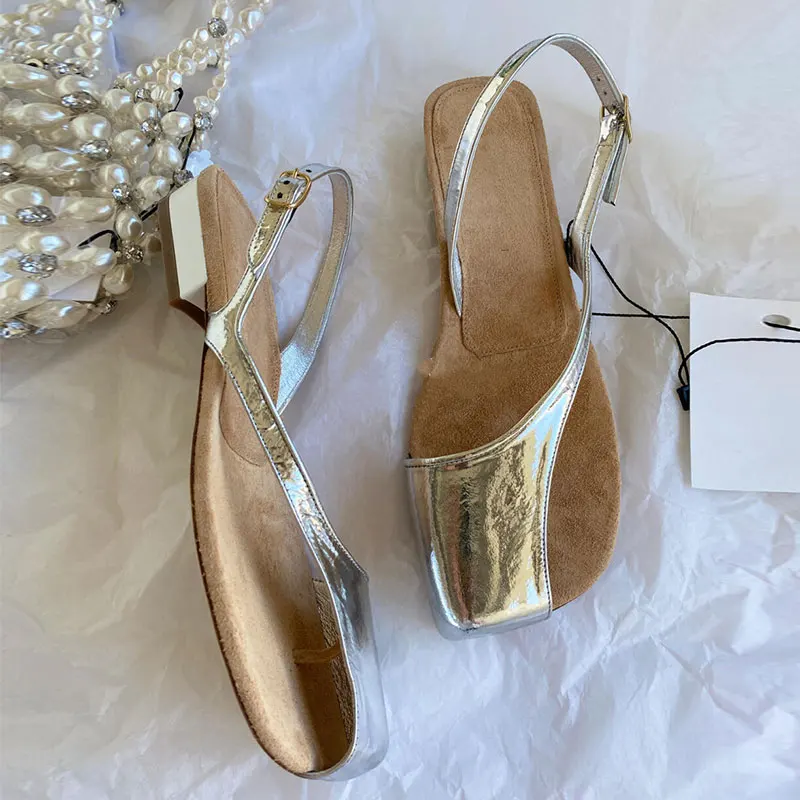 2023 New Silver Clip Toe Sandals Versatile Casual Women's Half Wrap Open Toe Flat Sandals Fashion Hollow Out Women's Shoes