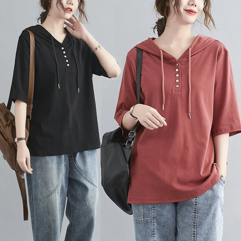 

Летняя Однотонная футболка с капюшоном и коротким рукавом, Женская свободная Корейская версия, скрывающая живот и демонстрирующая Тонкий Т...