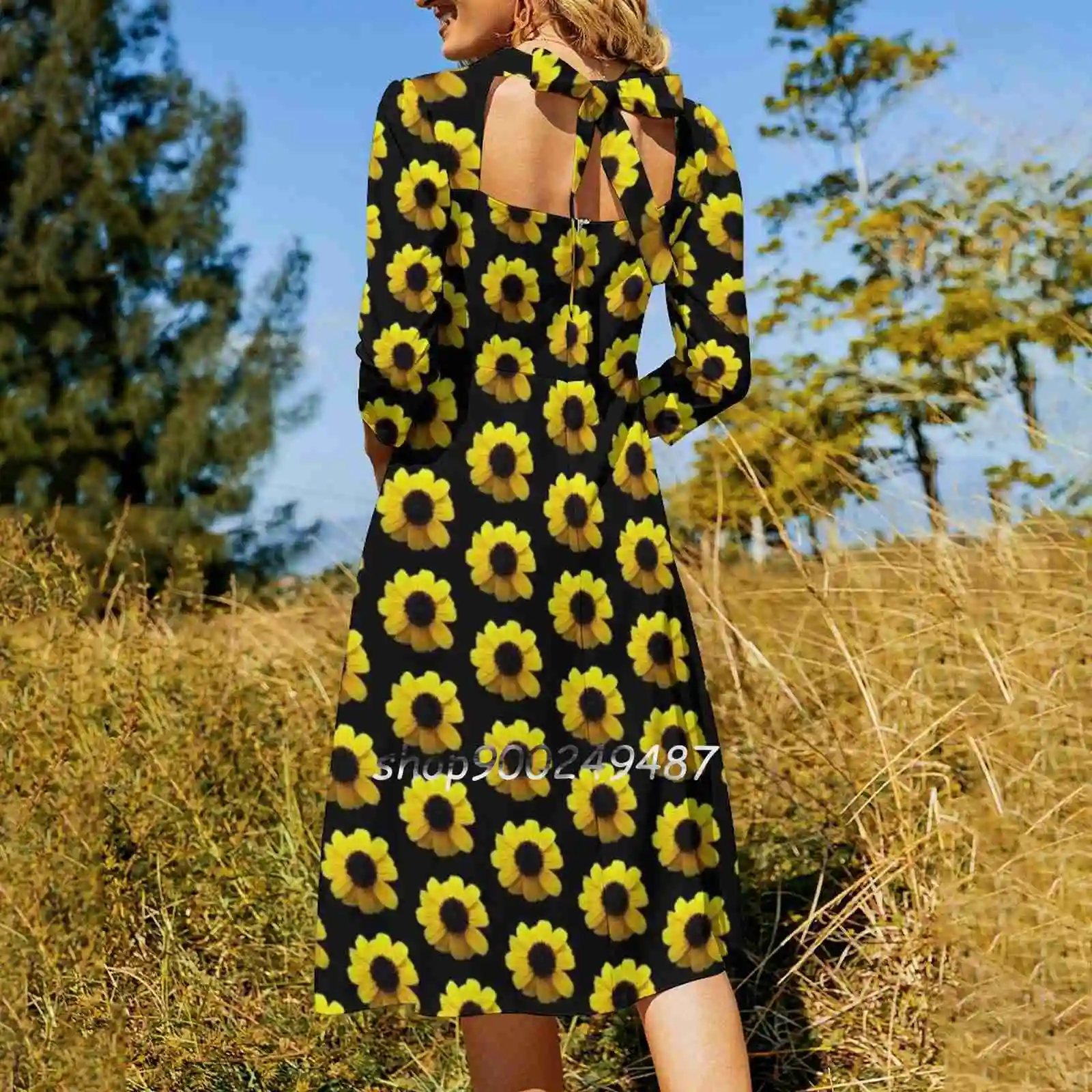 Black-Eyed Susan Sweetheart Knot Flared Dress Fashion Design Large Size Loose Wild Flower Nature Garden Rudbeckia Black