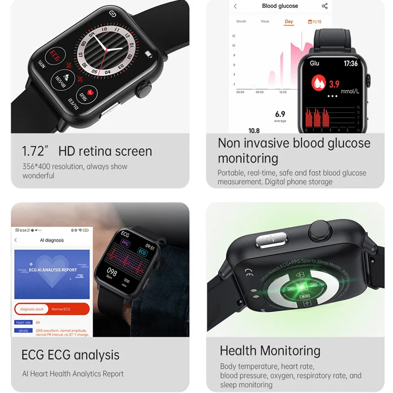 E200 Smart Watch Blood Glucose Sugar Heart Rate Monitoring ECG Fitness Tracker Sports Bracelet Men Women Smartwatch