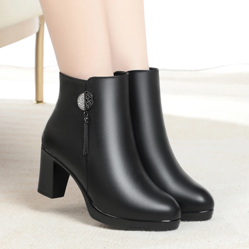 AIYUQI Women Winter Boots Genuine Leather 2023 New High Heel Dress Women Boots Warm Wool Office Women's Booties