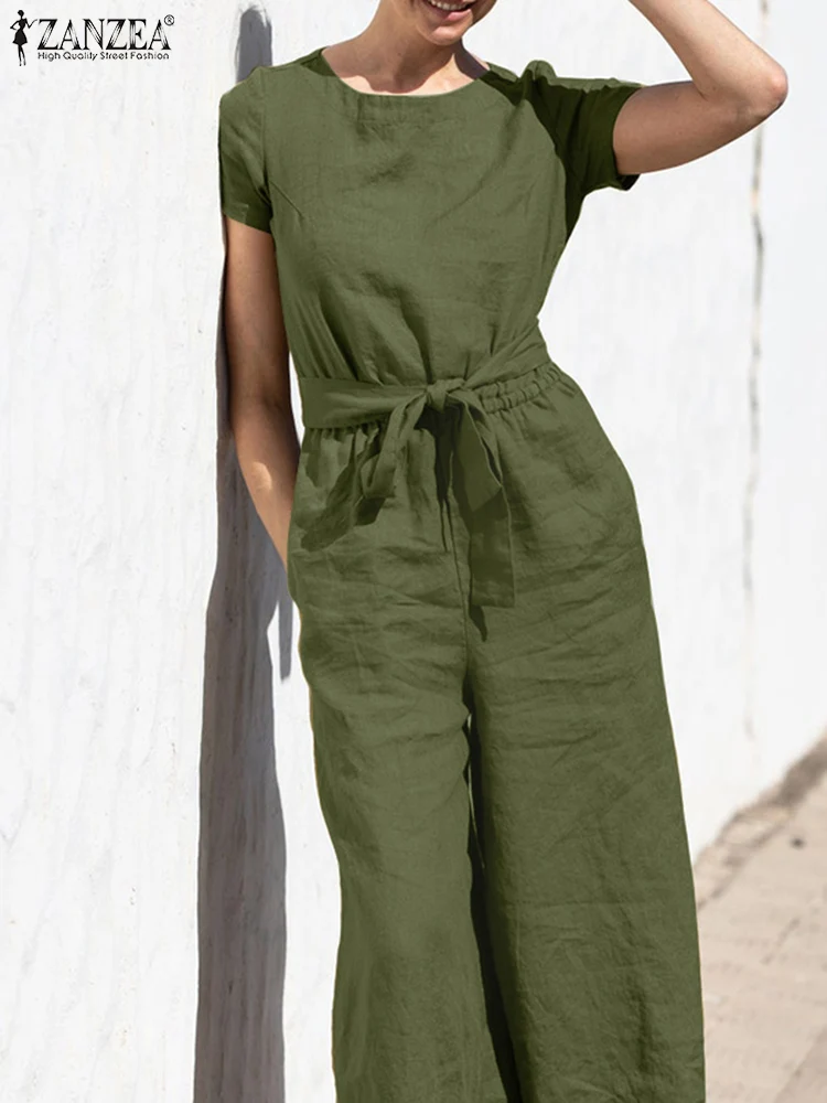 

ZANZEA O-Neck Short Sleeved Cotton Overalls Summer Women Solid Color Jumpsuits Fahion Work OL Oversized Holiday Suspenders 2022