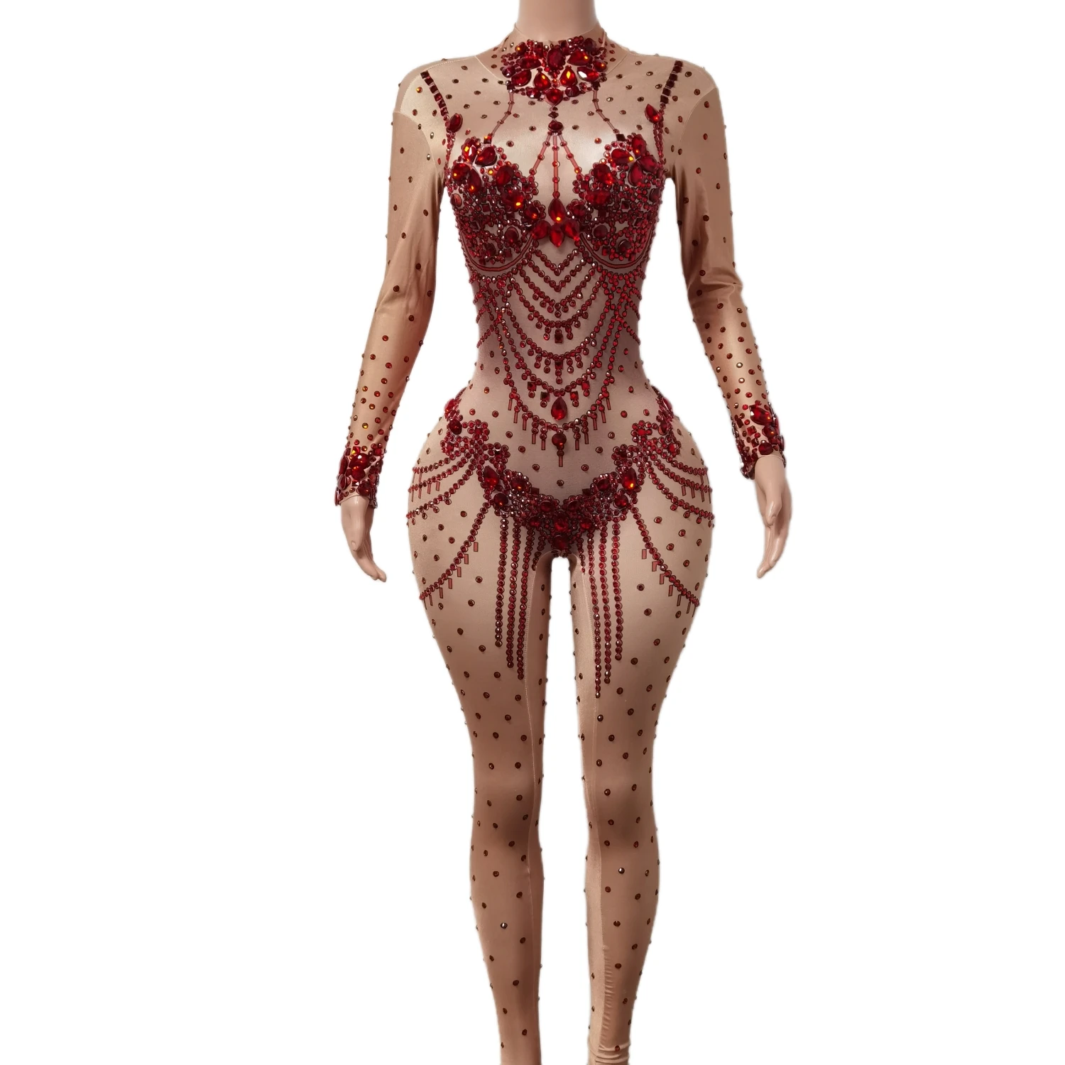 

Red Rhinestones Elastic Playsuit Tights Nightclub Pole Dancing Women Luxury Jumpsuits Bar Ds Dancing Costumes Acrobatic Clothing