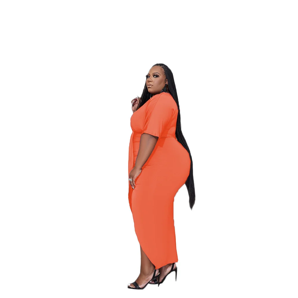 Plus Size 2023 Fashion New V-neck Short Sleeve Pleated Temperament Commuter Dress, Solid Color Buttocks, Slim And Elegant Dress
