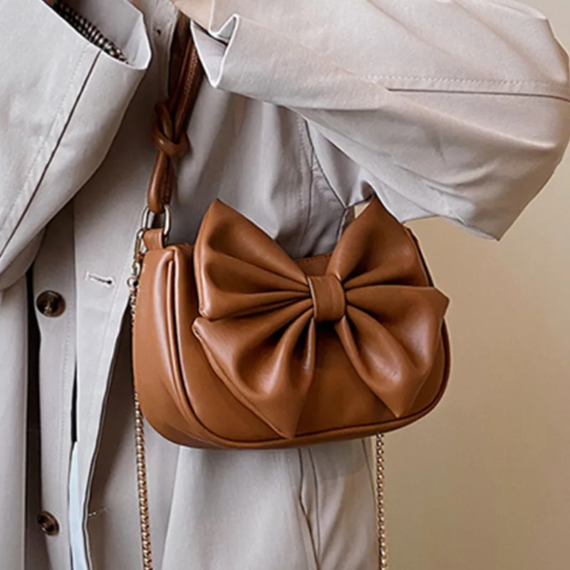 

Женские сумки через плечо с бантом, качественная сумка через плечо из мягкой кожи, однотонная коричневая сумка, Женская трендовая сумка-мес...