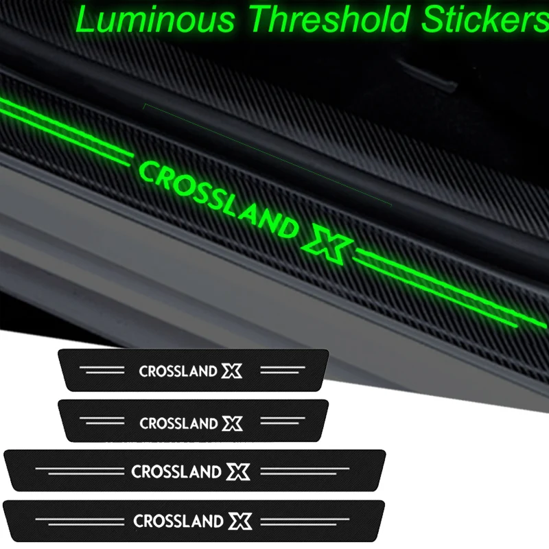 Светящиеся наклейки на порог двери автомобиля, наклейки на царапины, Защитная пленка для Opel Crossland X, полоса для отделки логотипа порога, водонепроницаемая лента
