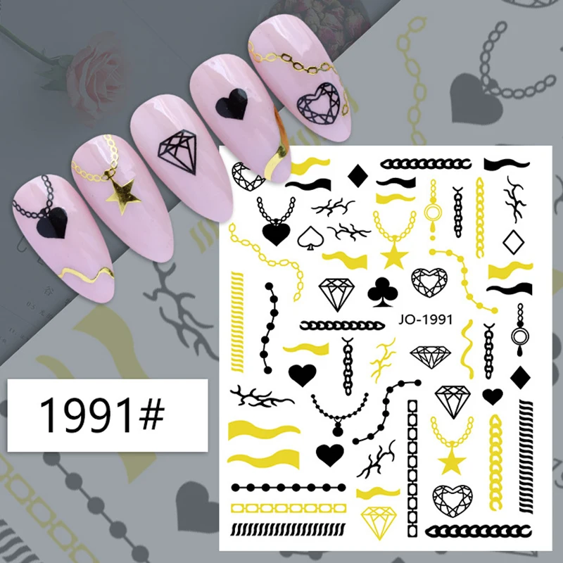 3D nail art stickers black gold laser foils press on nails summer decals sliders decorations flower leaf star adesivi naklejki