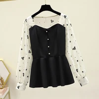 summer womens clothing elegant fashion fake two pieces square collar shirt basic commuter female printed long sleeve blouses