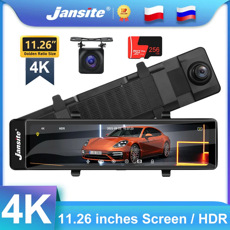 Jansite 11.26" Car DVR 4K Dash Cam Touch Screen Time-lapse Video Recorder 3840x2160P Dual Lens Rear View Camera Park Monitoring