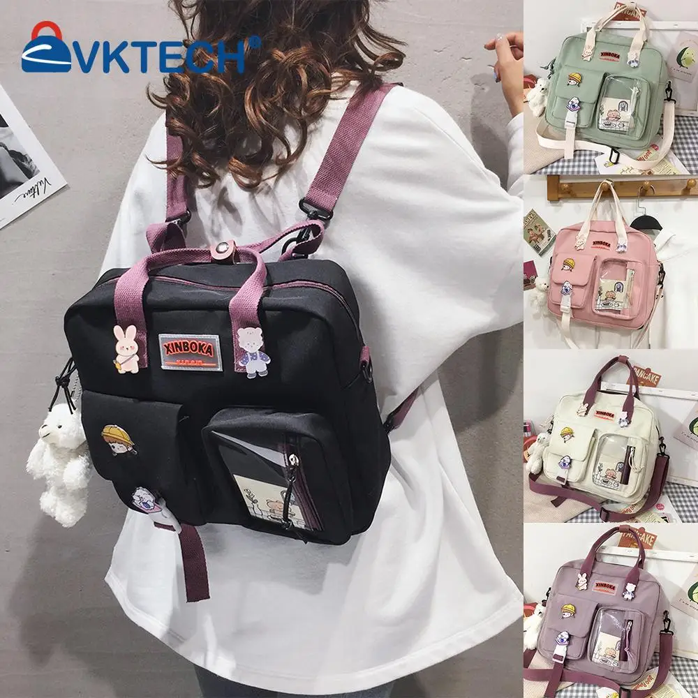 

Милый японский рюкзак, вместительная сумка-тоут для девушек и студентов, школьный ранец через плечо с подвеской и значком для книг