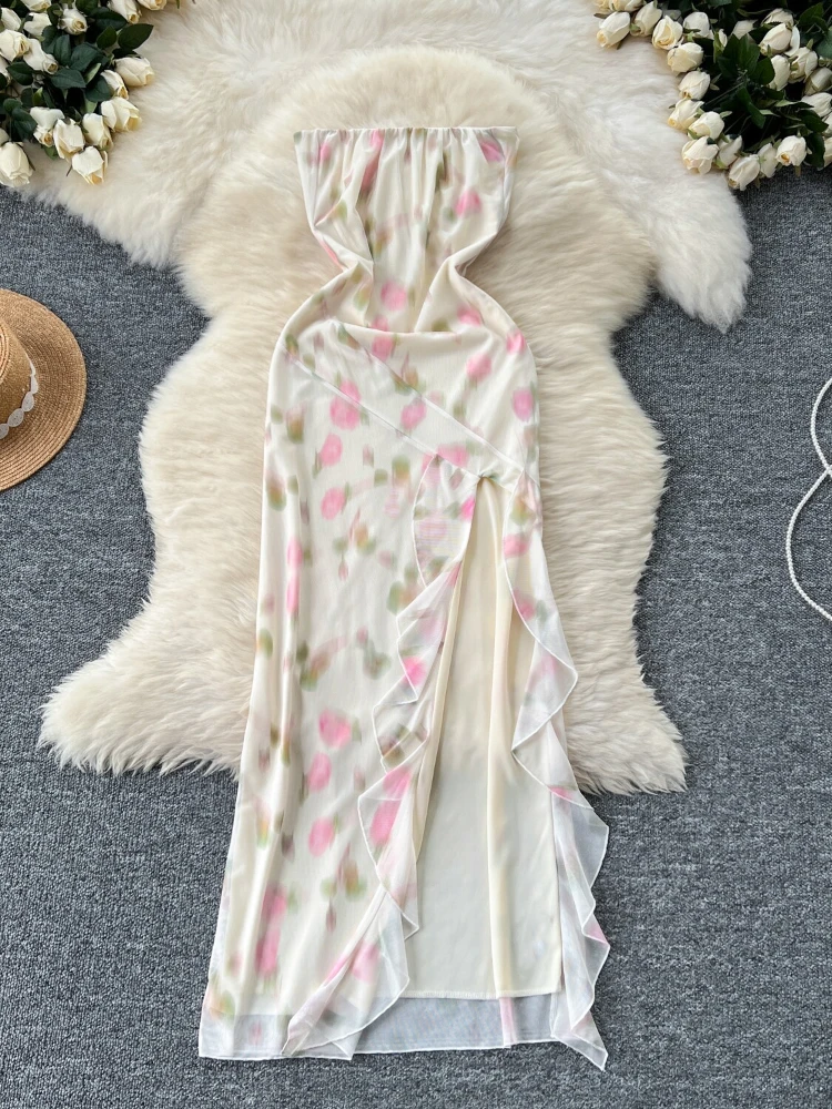 Женское платье без бретелек с цветочным принтом рукавов