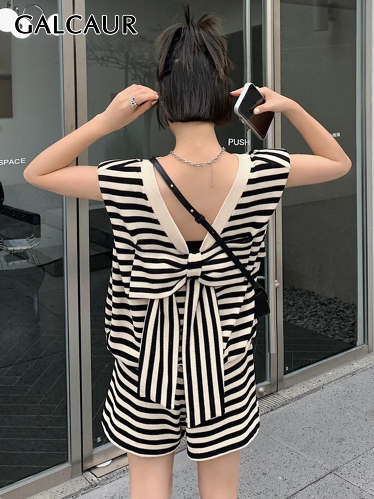 

GALCAUR Striped Two Piece Set For Female V Neck Sleeveless Bowknot Tops Elastic Waist Short Pant Casual Sets Women 2022 Summer