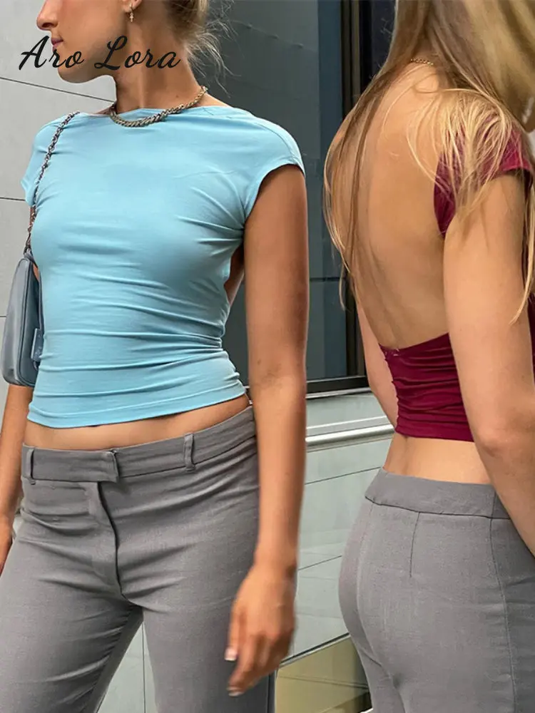 

Aro Lora Sexy Backless Cropped Top Y2k Clothes Woman Solid Short Sleeve Skinny T-shirt 2022 Summer Multi Ways Wear Basic Tee