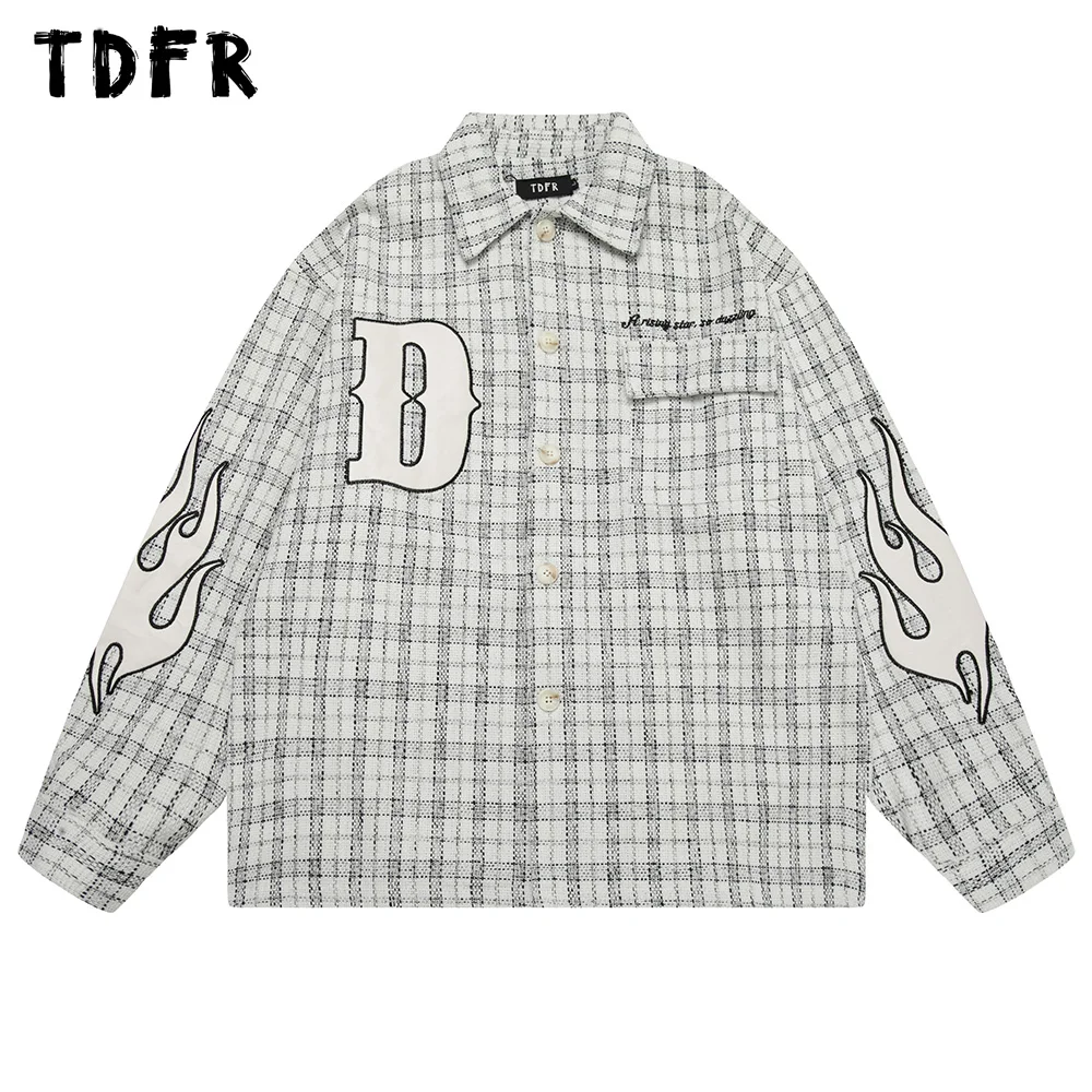 

Letter Embroidery Plaid Jacket Mens Autumn Winter Casual Lapel Single Breasted Loose Drawstring Hem Long Sleeve Outerwear Men