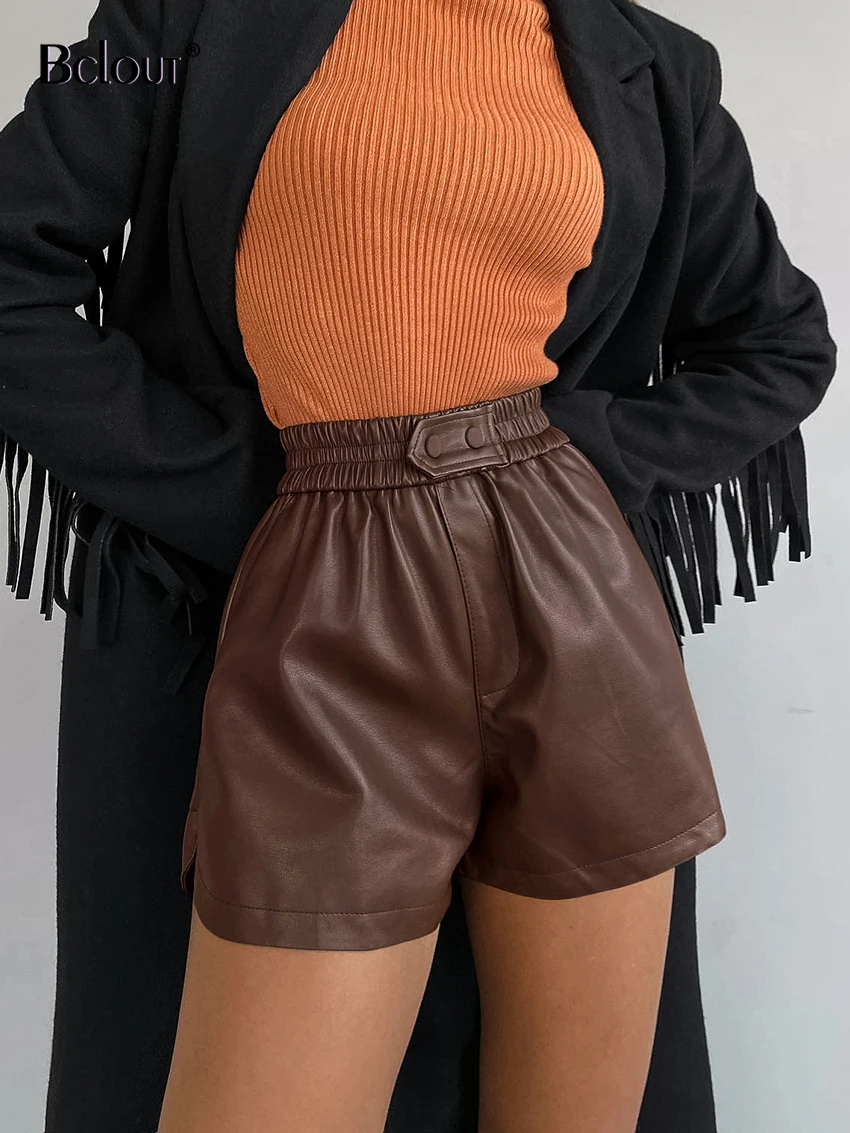 

Bclout Winter Sexy Leather Shorts For Women 2022 Elegant Office Lady Elastic Waist Black Shorts Fashion Green PU Shorts Female