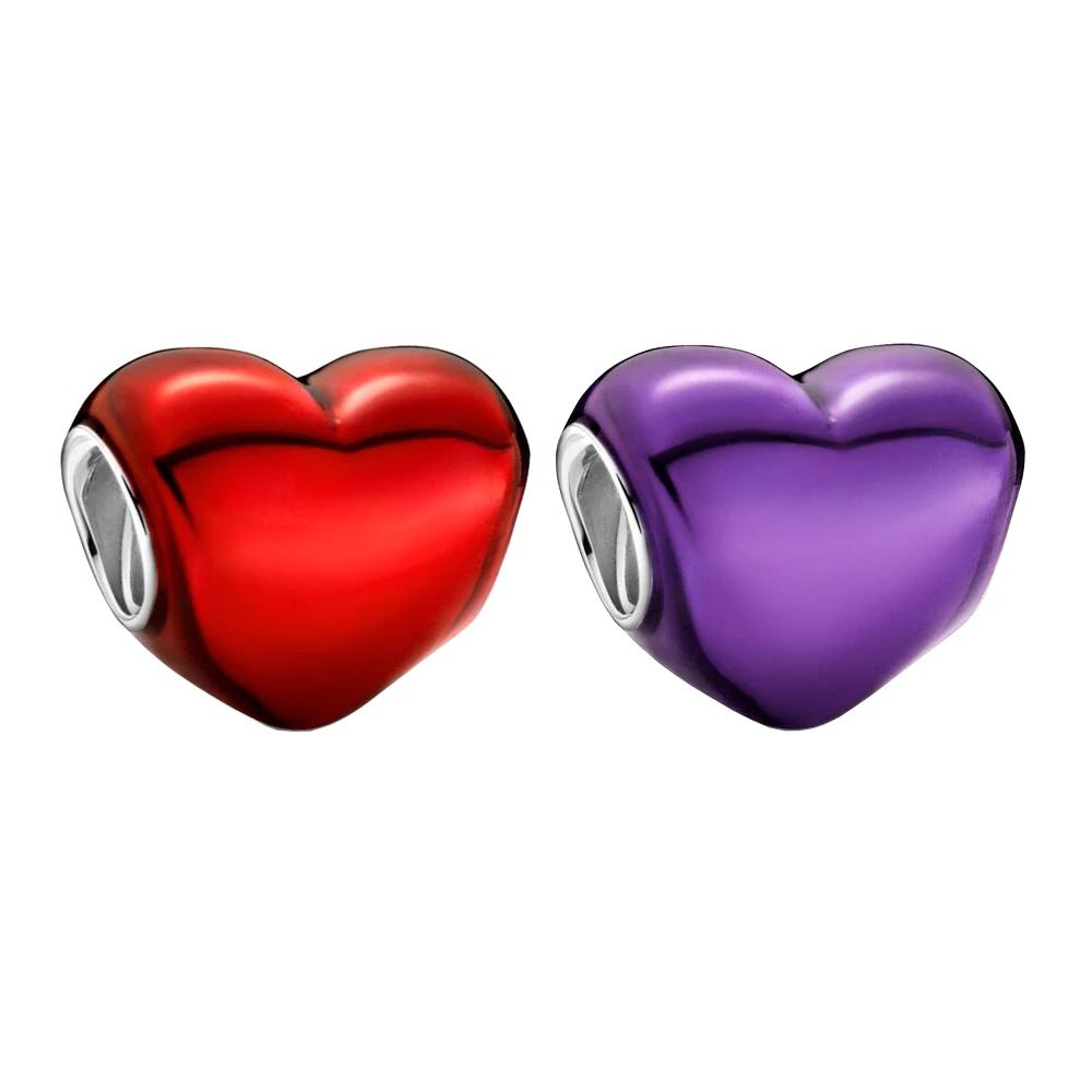 

New 100% 925 Sterling Silver Heart Charm Beads Metal Texture Purple Red Fit For Lady Original Pandora Bracelet DIY Jewelry Gifts