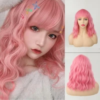 synthetic natural bangs short wavy pinkwig for black women cosplay daily use heat resistant lolita natural hair