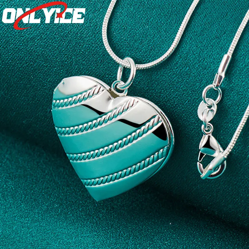 

925 Sterling Silver Heart Stripe Pendant Necklace 16-30" Snake Chain for Women's Party Wedding Fashion Jewelry