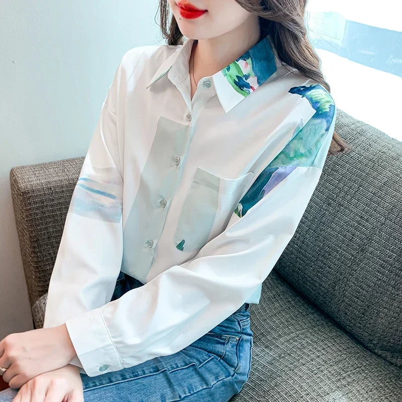 Женская шифоновая блузка с длинным рукавом Свободный Топ отложным воротником и