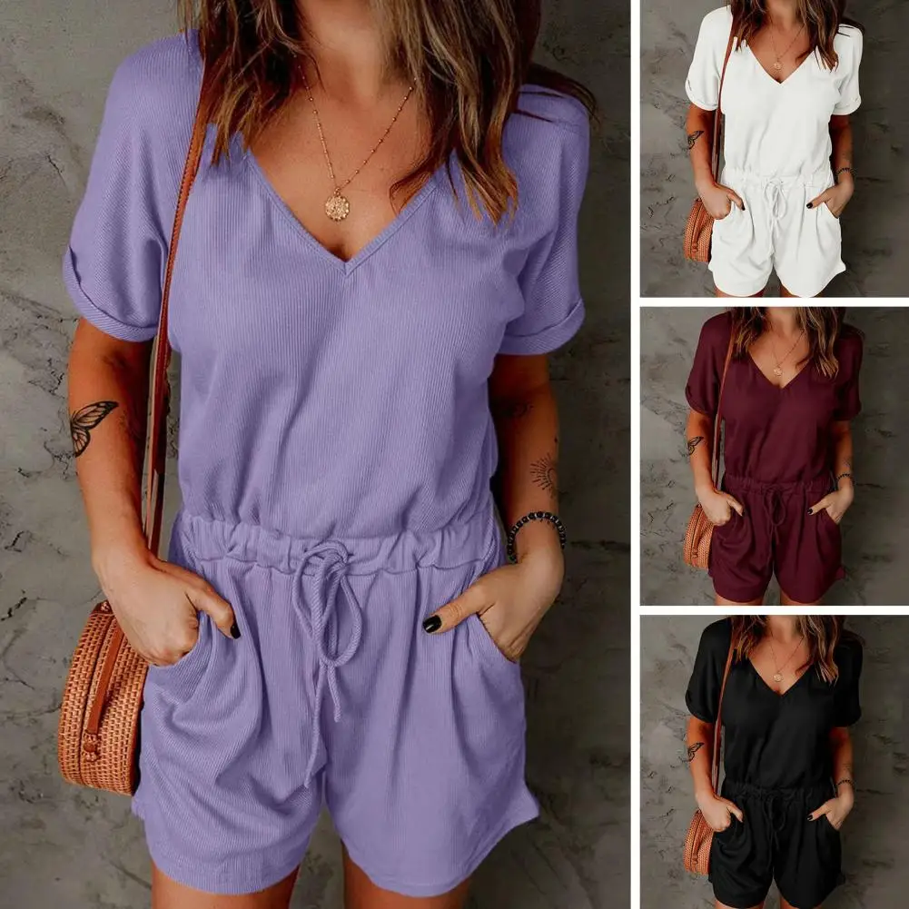 

Женский Повседневный комбинезон с шортами и широкими штанинами, Свободные Комбинезоны со средней талией и шнуровкой