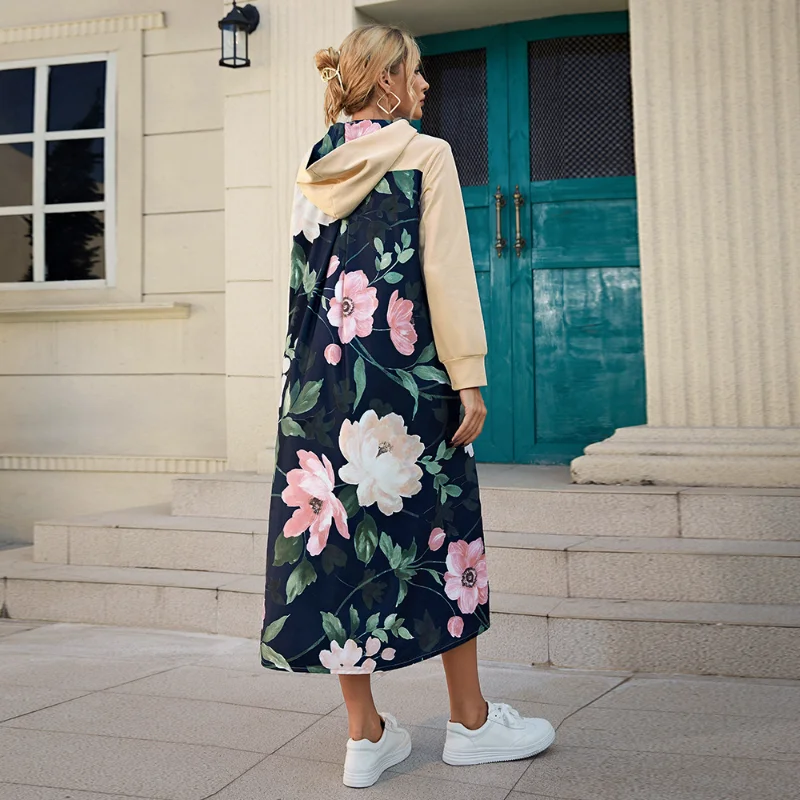 

Sweater Dress Fashion Casual Digital Print Patchwork Hooded Women Hoodies Autumn Winter Clothes 2022 Big Pocket Pink