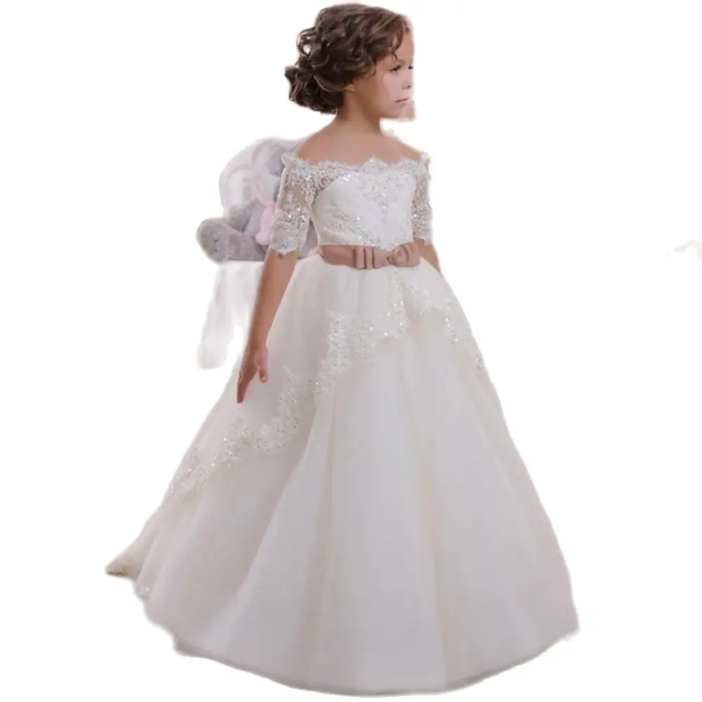 

New Flower Girl Dress For Wedding White Ivory Appliques Short Sleeves O-Neck First Communion Gowns Vestidos Longo