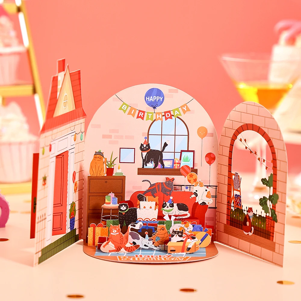 Открытая открытая открытка с изображением котенка из мультфильма складной