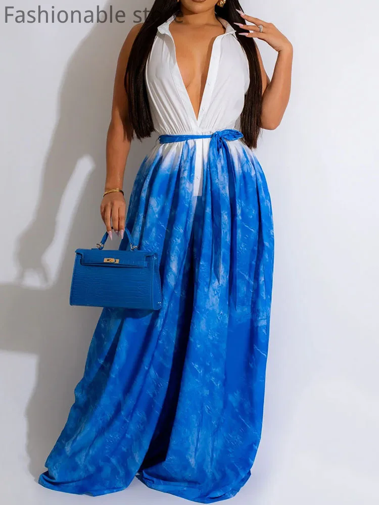 

Women Print Patchwork Sleeveless Tied Waist Wide Leg Jumpsuit With Belt