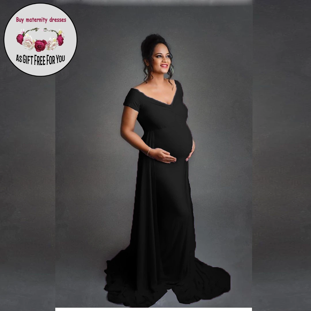 

women Photography Pregant Deep V-neck Cotton Maxi Dress Long Sleeve Off The Shoulder Long maternity dress