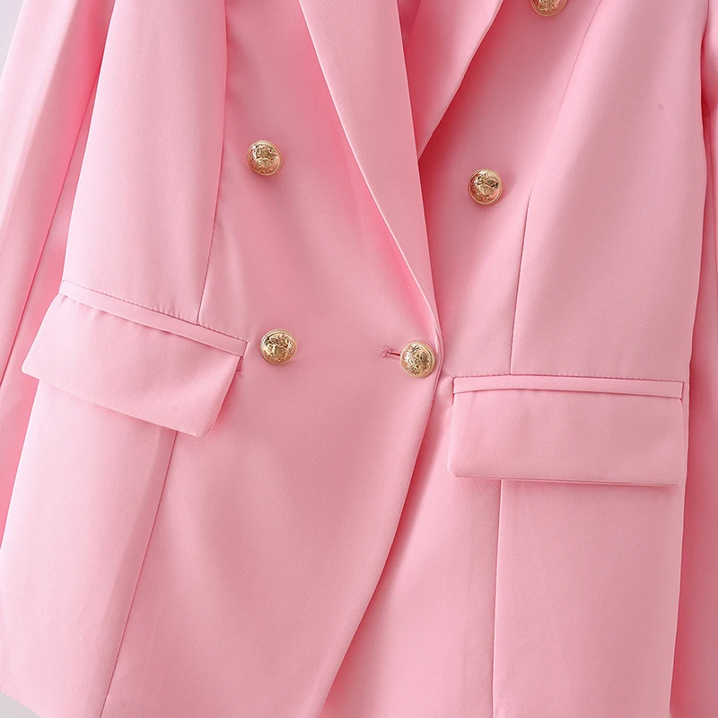 

Pink Textured Blazer Spring Autumn Long Sleeve Double Breasted Women Straight Suit Jacket Office Lady Notched Coats Fashion