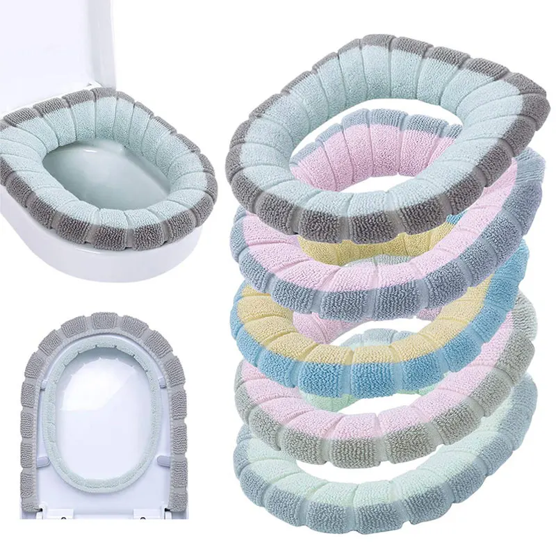 

Winter Warm Toilet Seat Cover Washable Bathroom Toilet Seat with Handle Thickened Soft Cushion Knitted Warm Toilet Seat