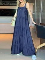 women long sundress celmia sexy sleeveless strap maxi dress fashion denmin solid robes holiday summer multilayer stitching dress