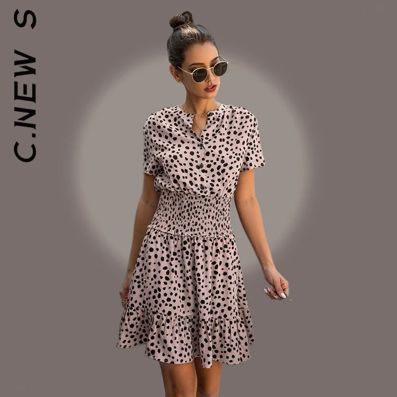

C.New S Women Dress New Leopard Casual Black Summer Ruffle Mini Dresses Buttons Korean Robe Slim Vestidos Dress Woman Female