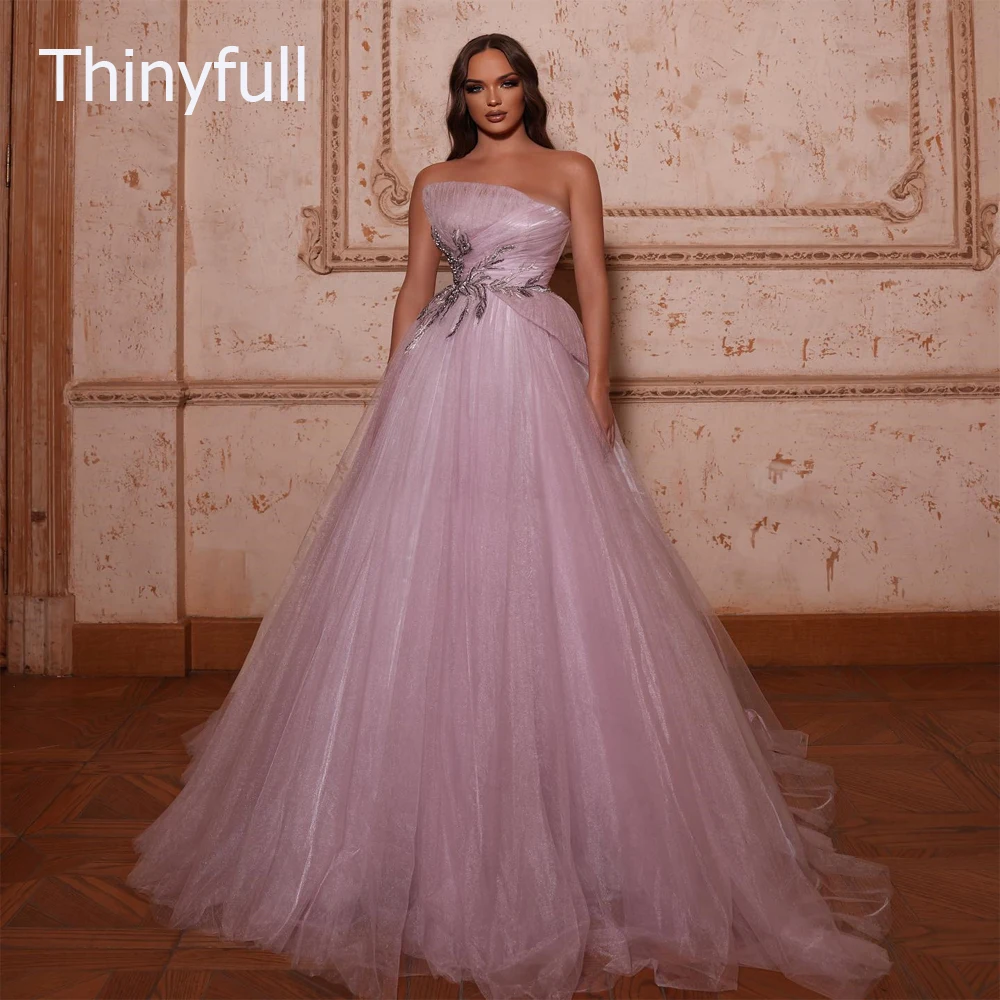 

Thinyfull A-Line Prom Dresses Long Light Pink Tulle Vestidos Elegantes Para Mujer De Noche Gala Dubai Arabic Evening Gowns Party