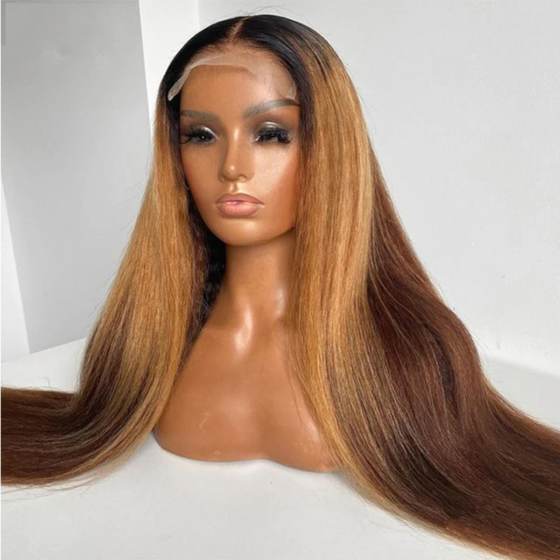 

Soft Preplucked Glueless Ombre Honey Blonde 26”Long 180% Density Yaki Kinky Straight Lace Front Wig For Black Women Babyhair