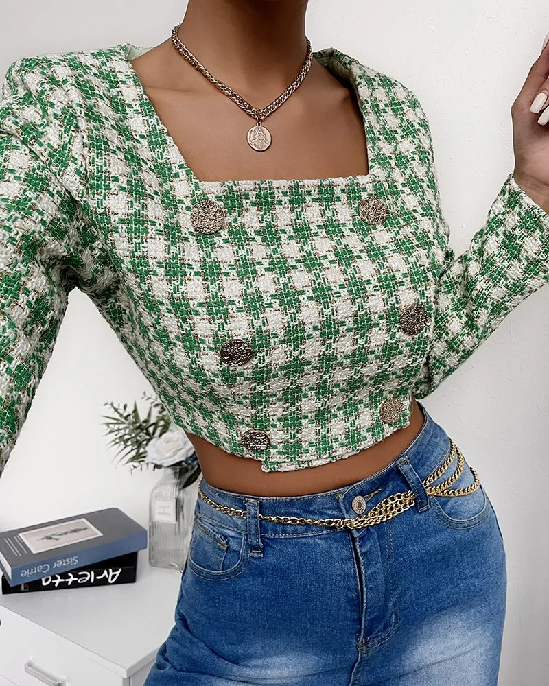 

Women Long Sleeve Square Neck Fashion Plaid Pattern Colorblock Buttoned Blazer Crop Coat Casual Jackets